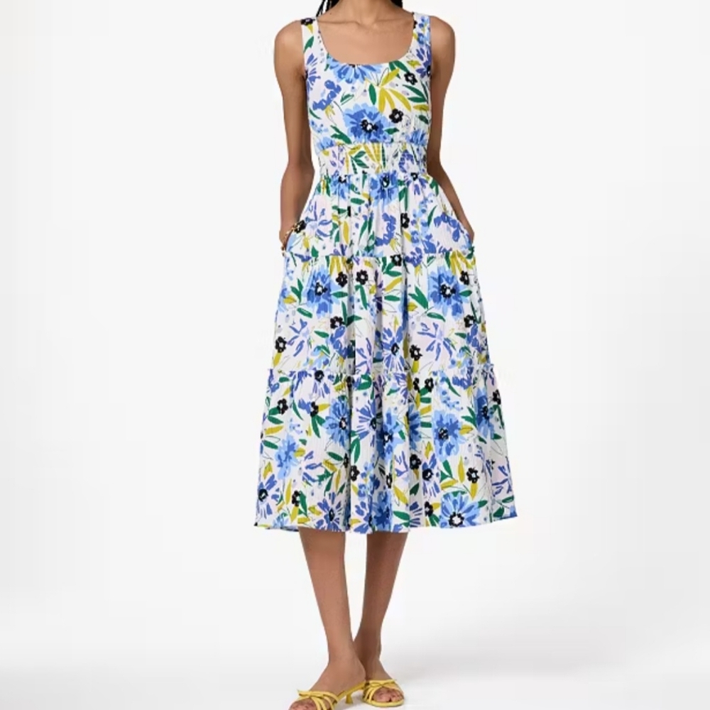 KATE SPADE Festive Floral Tiered Dress Floral Blue and Yellow Women's Dr…